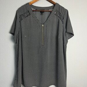 Worthington Woman Blouse Geometric Print‎ Short Sleeve Gold Zip Career Church 1X